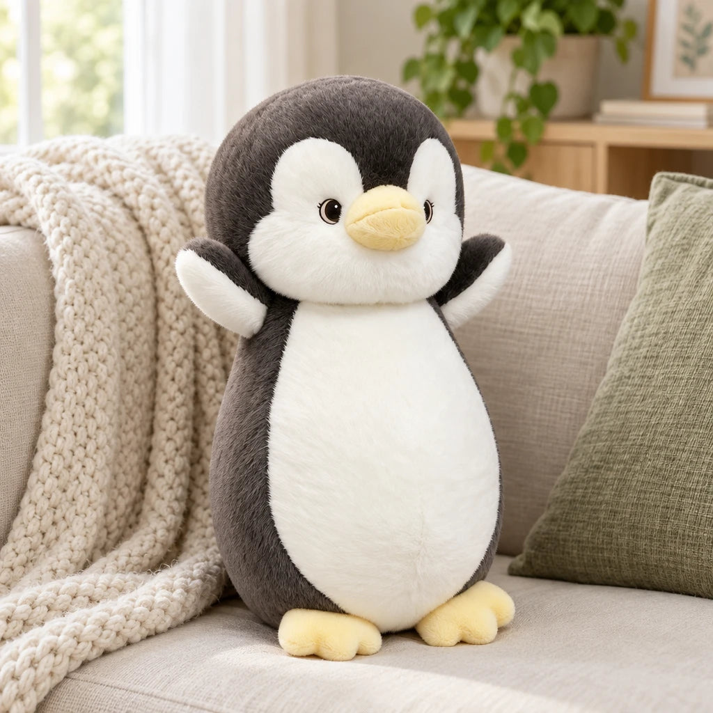 Cojín Peluche Pingüino Gris Y Blanco