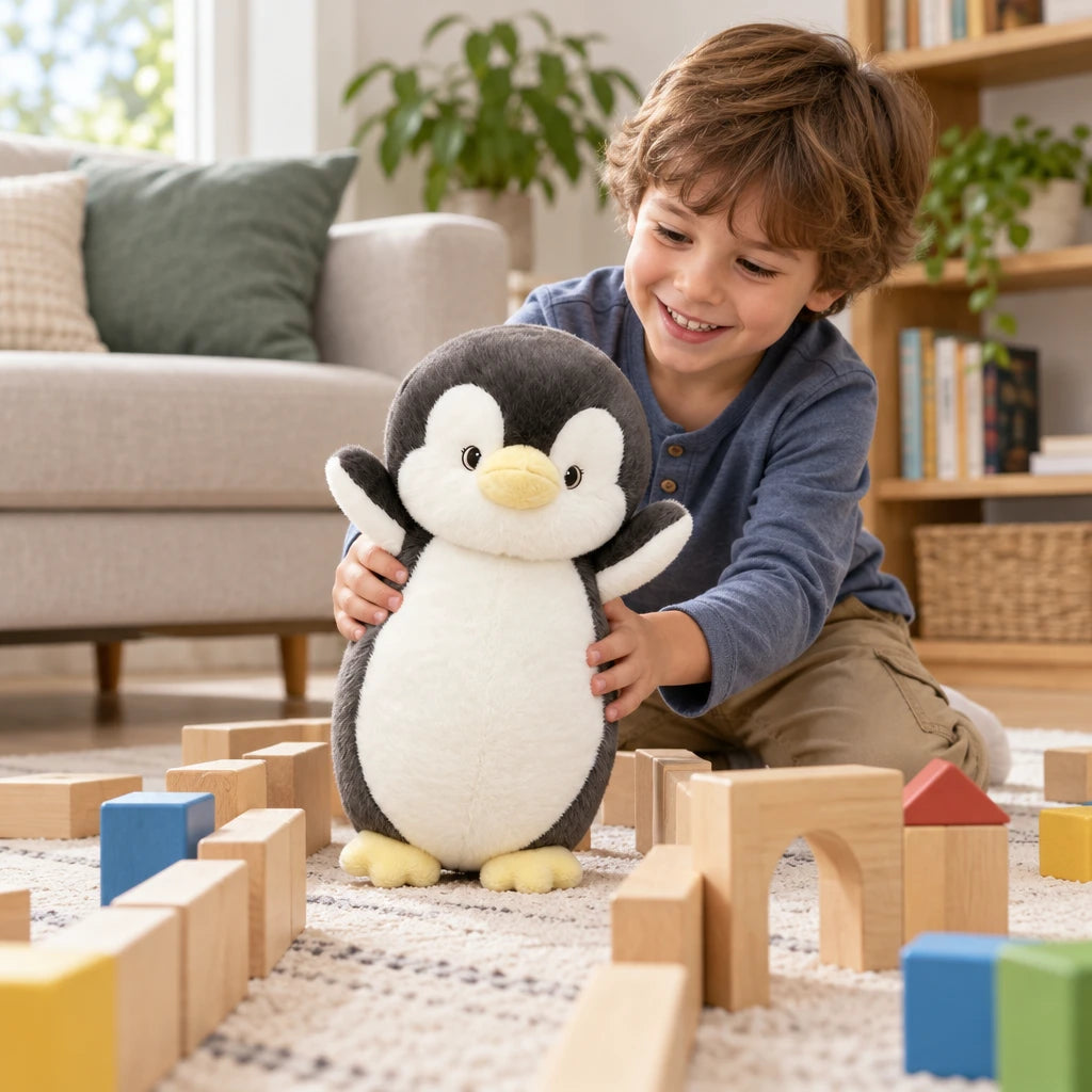 Cojín Peluche Pingüino Gris Y Blanco