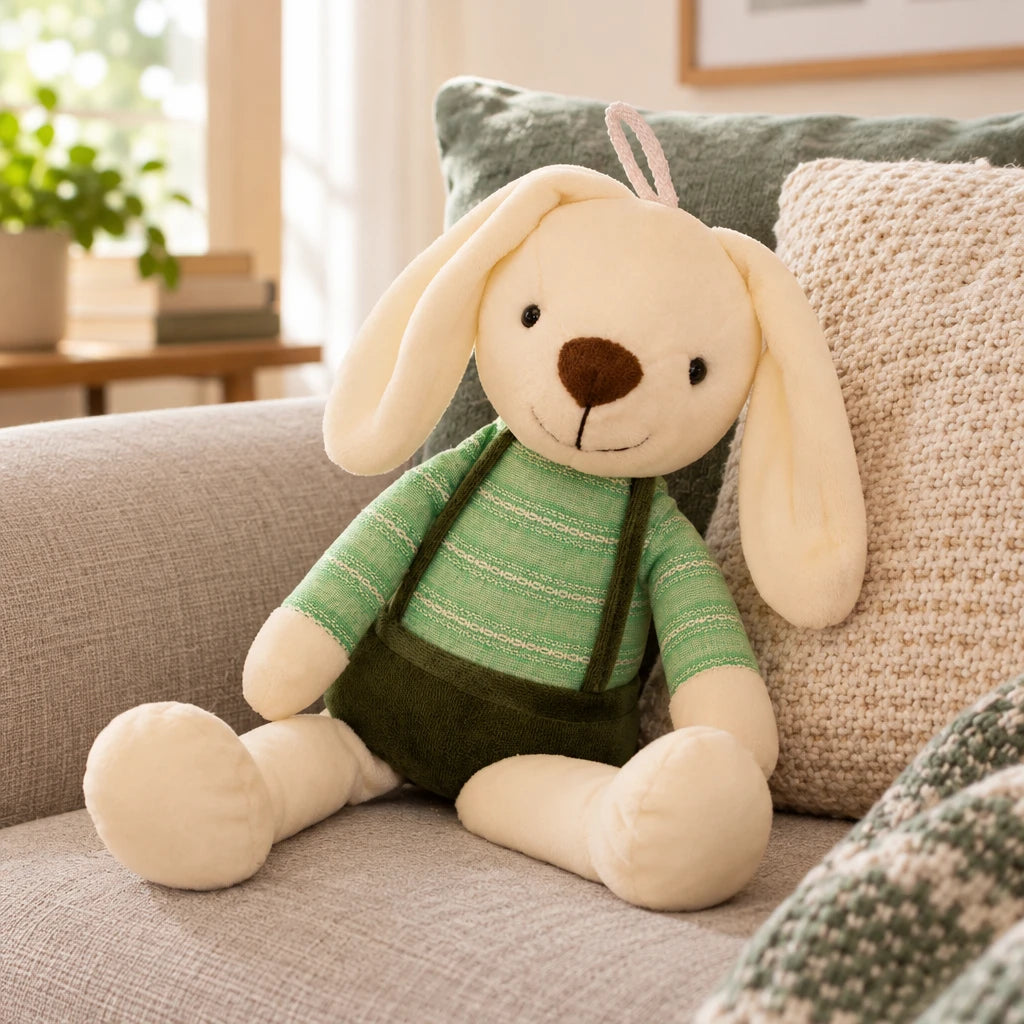 Peluche De Conejo Verde Con Peto Orejas Largas
