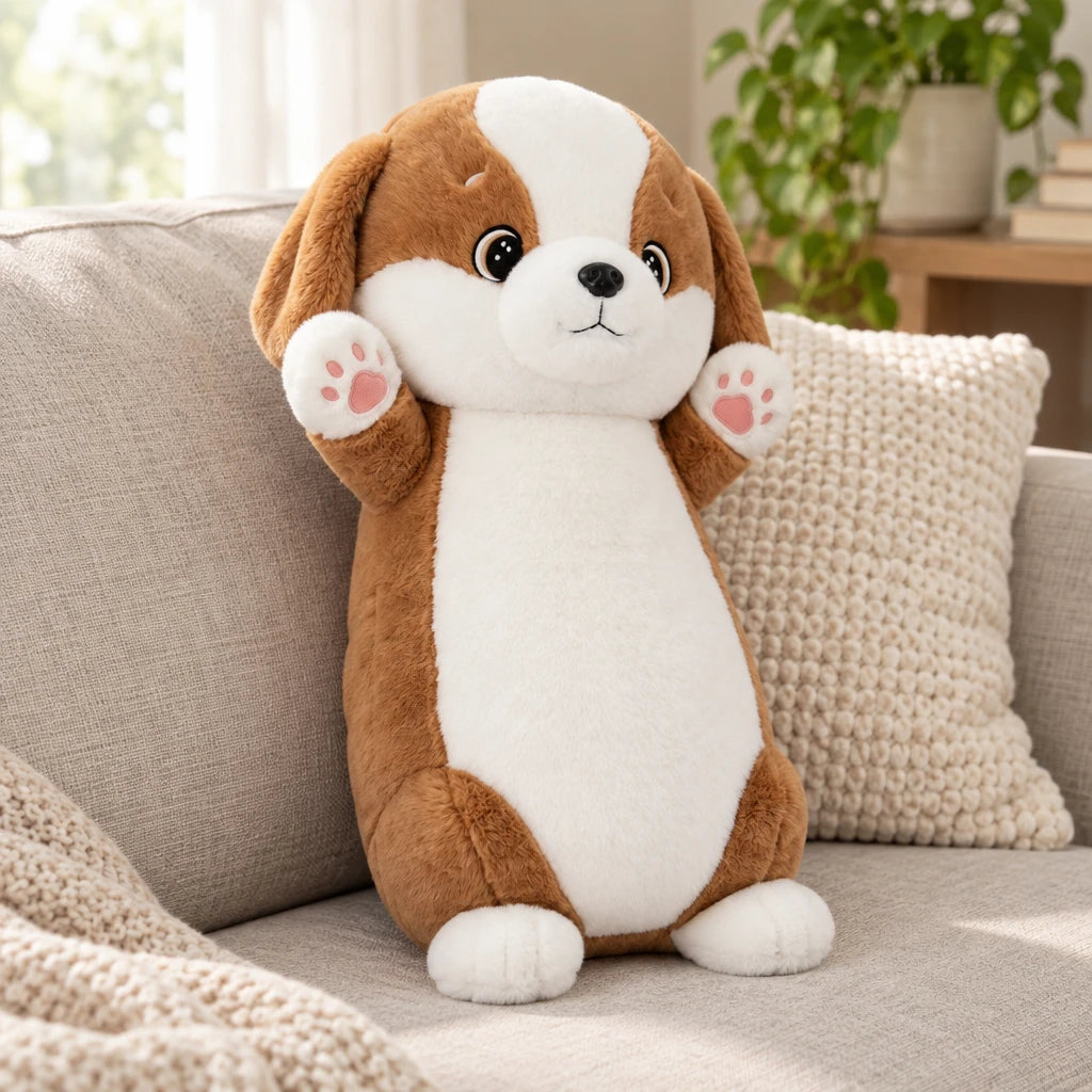 Peluche Muñeco Cojín Perro Suave Marrón Y Blanco