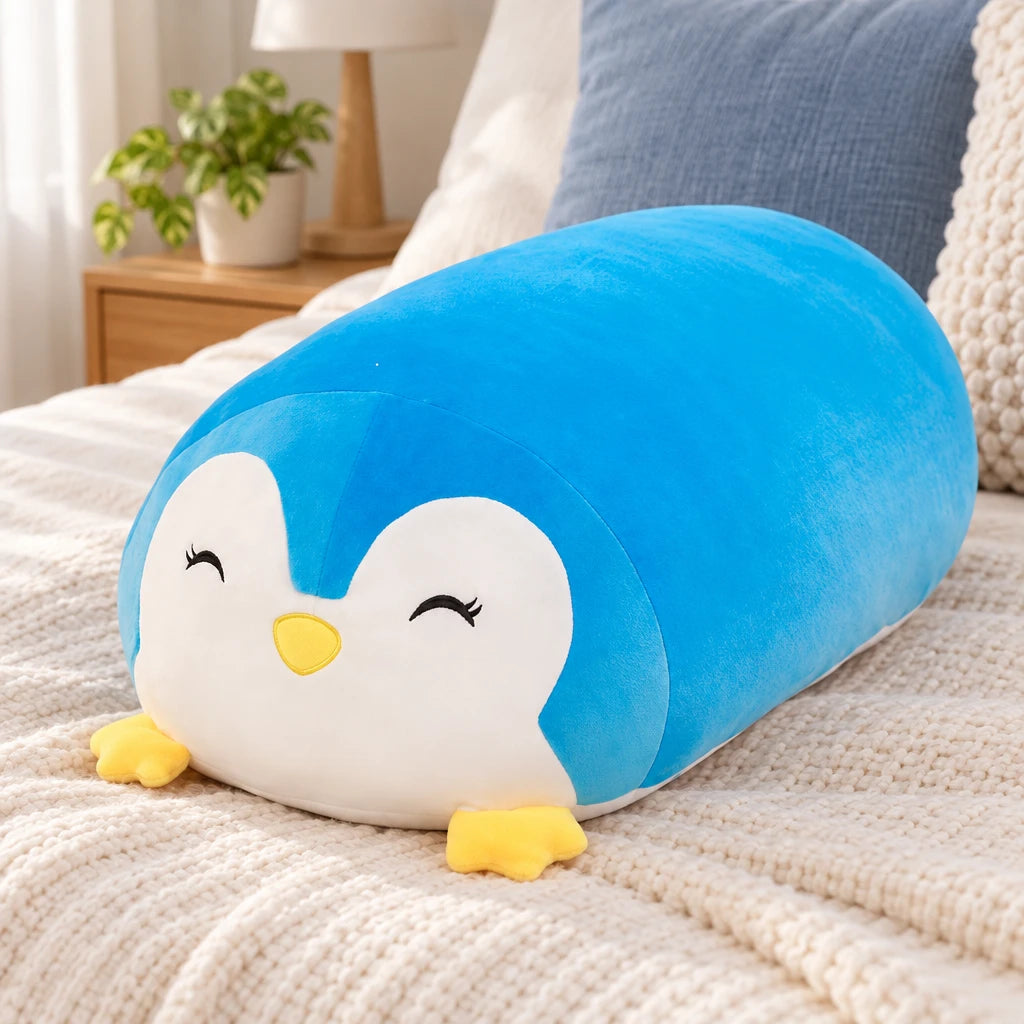 Peluche Pingüino Alargado Cilíndrico Azul Y Blanco