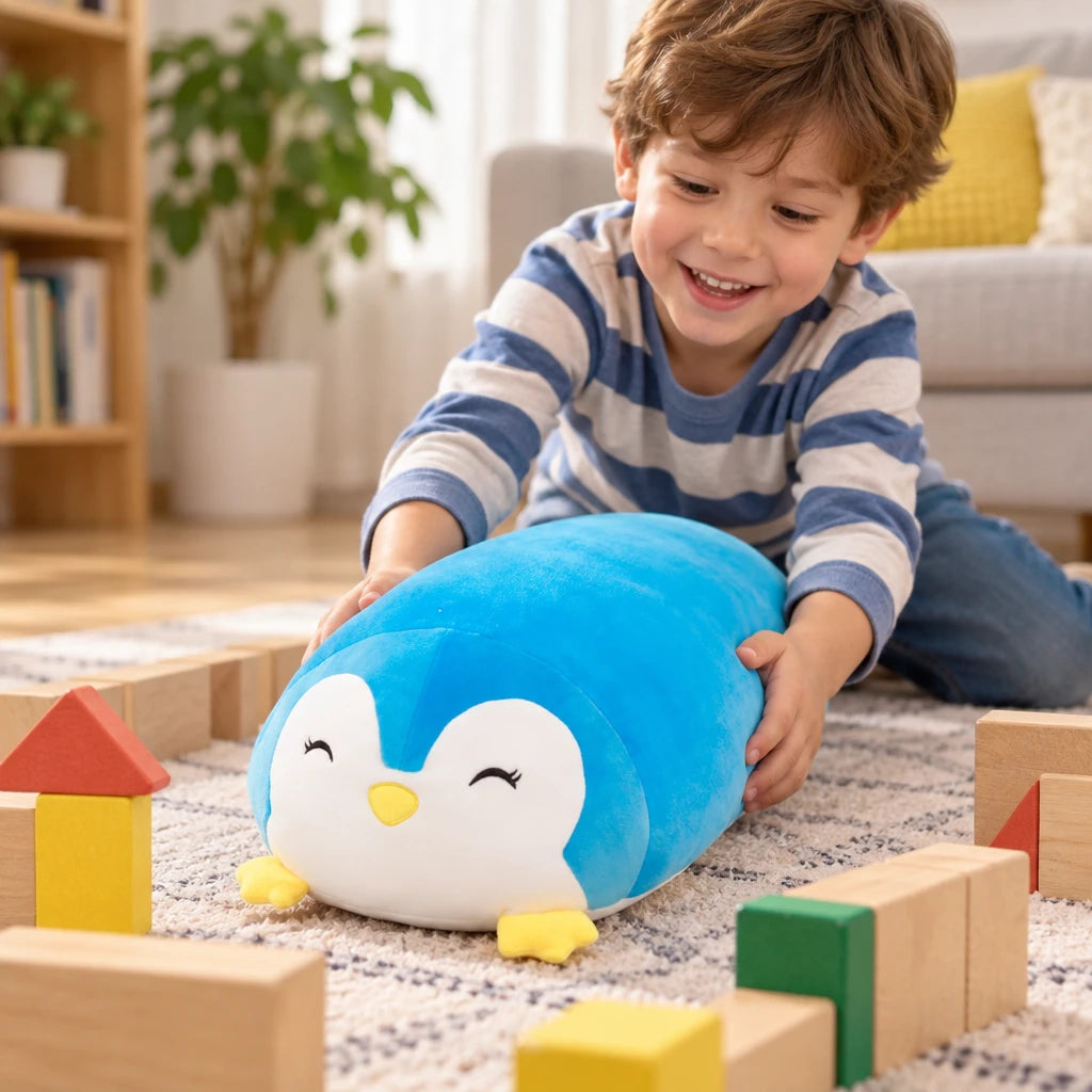 Peluche Pingüino Alargado Cilíndrico Azul Y Blanco